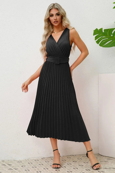 Surplice Sleeveless Midi Pleated Dress - V.I.P Digital Presence