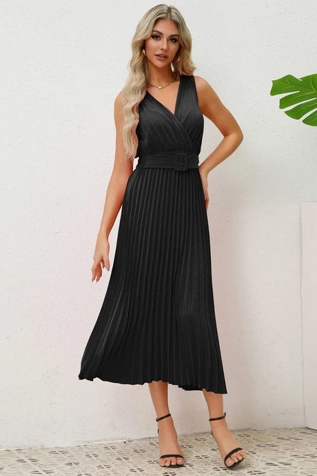 Surplice Sleeveless Midi Pleated Dress - V.I.P Digital Presence