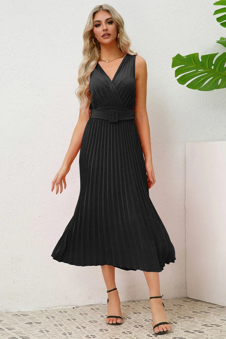 Surplice Sleeveless Midi Pleated Dress - V.I.P Digital Presence