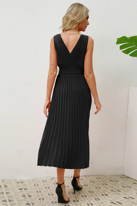 Surplice Sleeveless Midi Pleated Dress - V.I.P Digital Presence