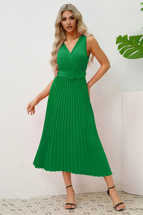 Surplice Sleeveless Midi Pleated Dress - V.I.P Digital Presence