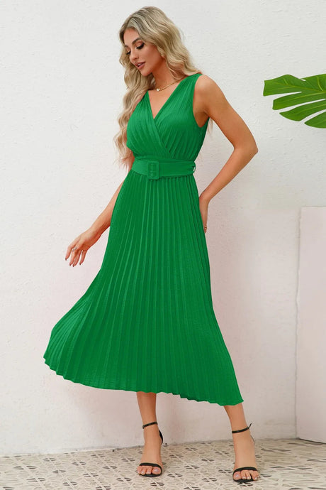 Surplice Sleeveless Midi Pleated Dress - V.I.P Digital Presence