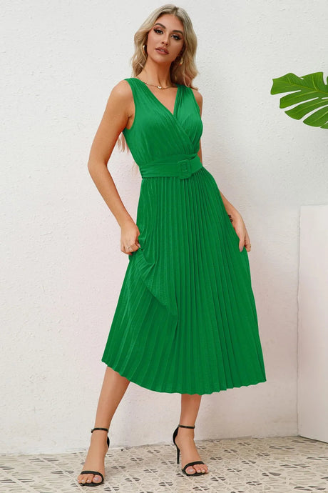 Surplice Sleeveless Midi Pleated Dress - V.I.P Digital Presence