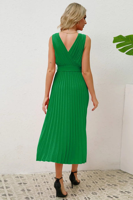 Surplice Sleeveless Midi Pleated Dress - V.I.P Digital Presence