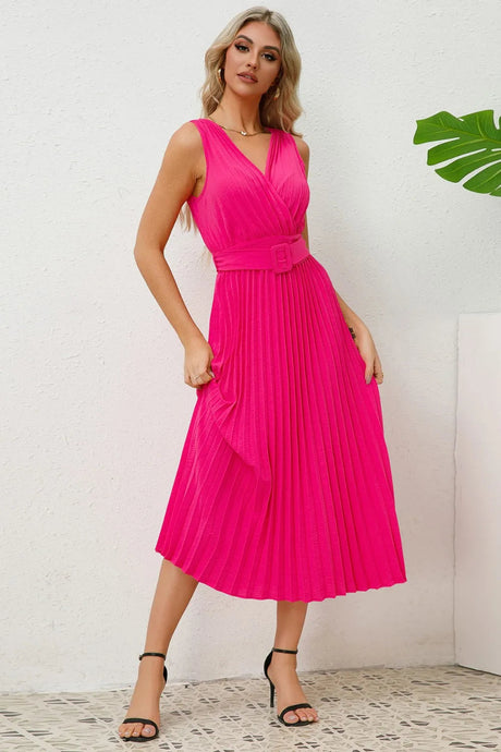 Surplice Sleeveless Midi Pleated Dress - V.I.P Digital Presence