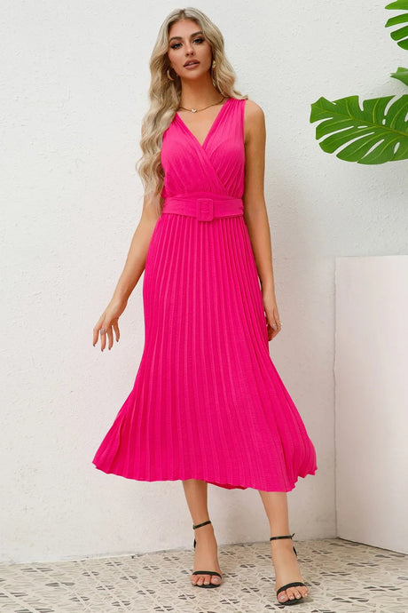 Surplice Sleeveless Midi Pleated Dress - V.I.P Digital Presence