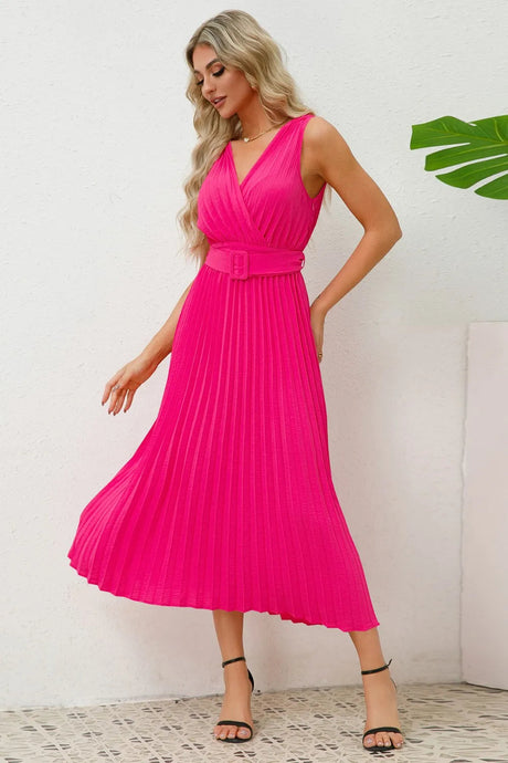 Surplice Sleeveless Midi Pleated Dress - V.I.P Digital Presence
