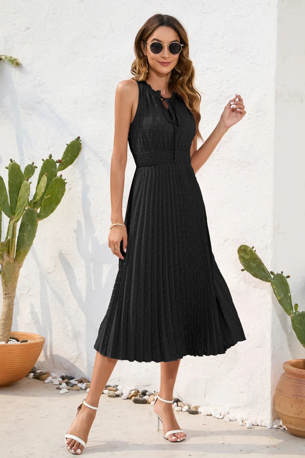 Swiss Dot Tie Neck Sleeveless Dress - V.I.P Digital Presence