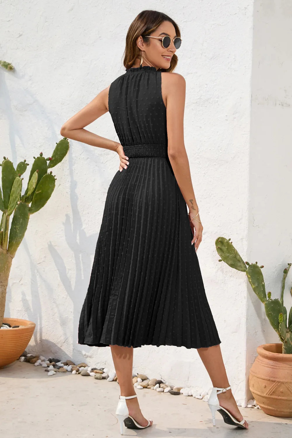 Swiss Dot Tie Neck Sleeveless Dress - V.I.P Digital Presence