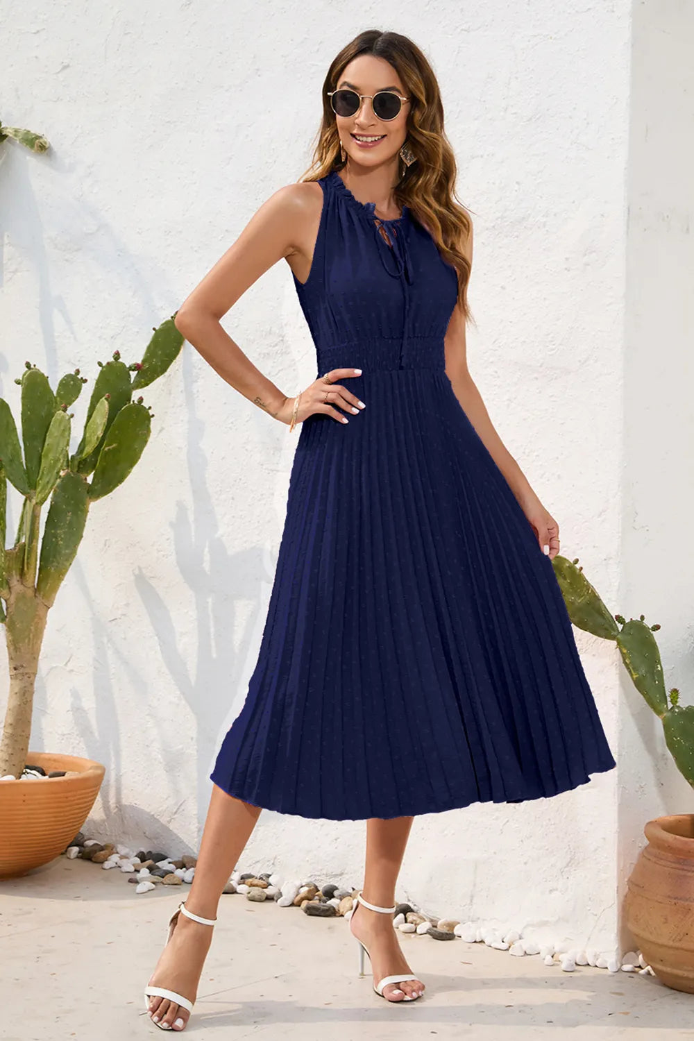Swiss Dot Tie Neck Sleeveless Dress - V.I.P Digital Presence