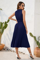 Swiss Dot Tie Neck Sleeveless Dress - V.I.P Digital Presence