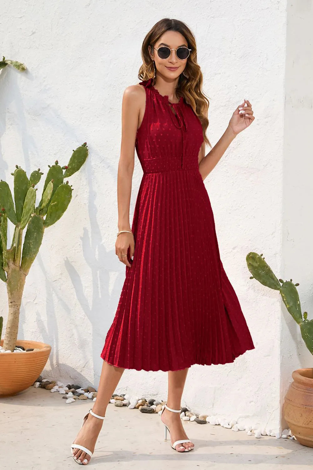 Swiss Dot Tie Neck Sleeveless Dress - V.I.P Digital Presence