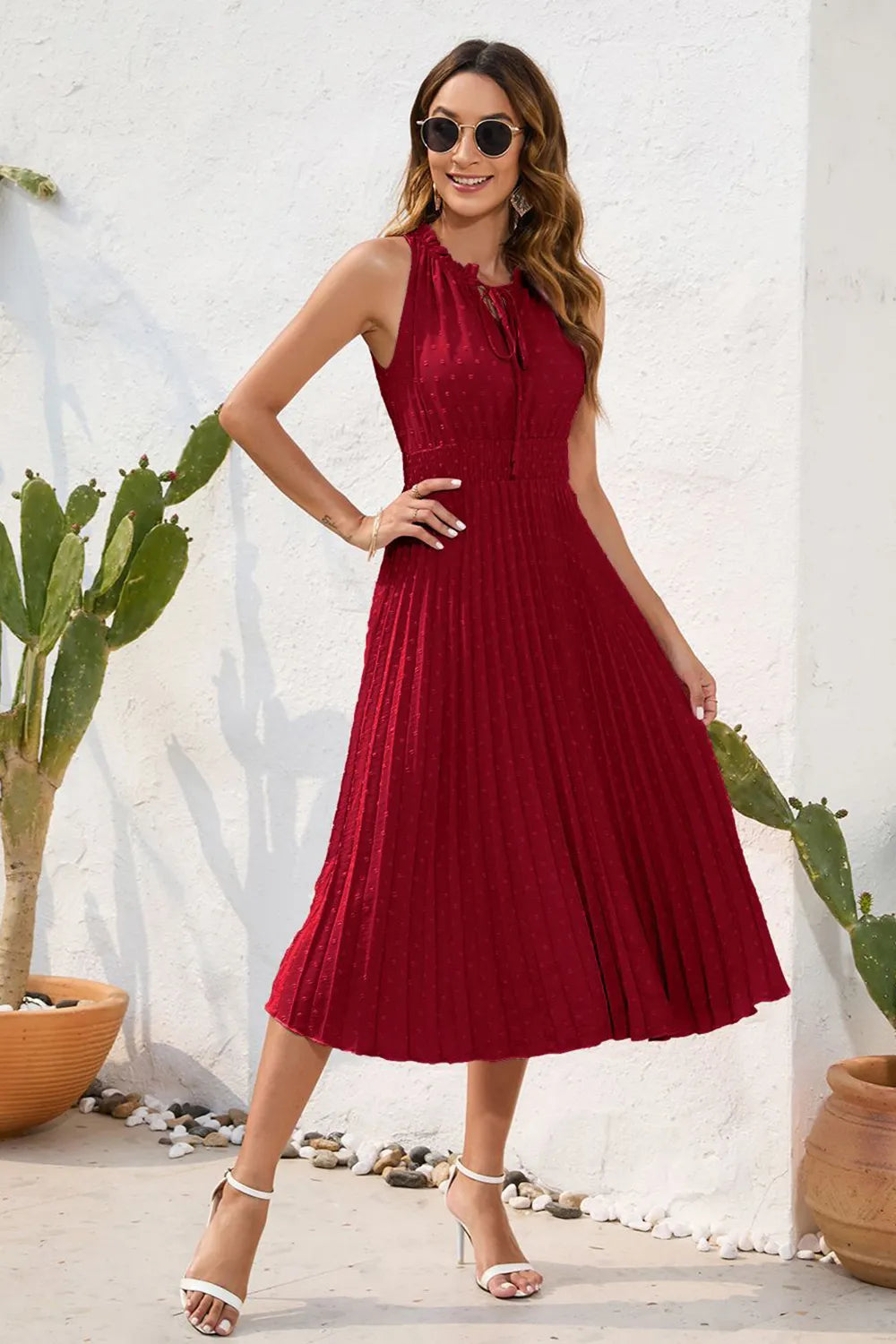 Swiss Dot Tie Neck Sleeveless Dress - V.I.P Digital Presence