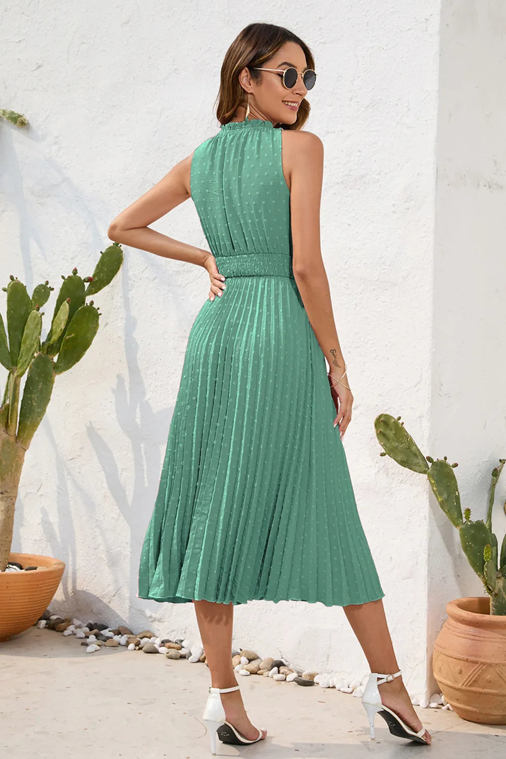 Swiss Dot Tie Neck Sleeveless Dress - V.I.P Digital Presence
