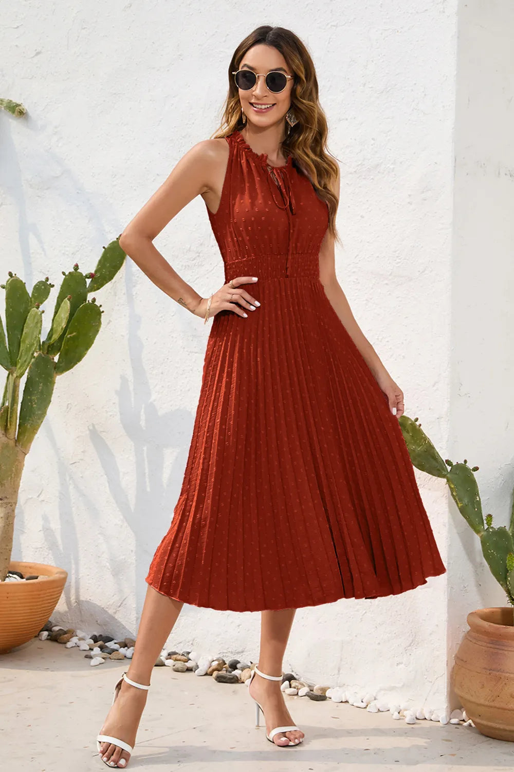 Swiss Dot Tie Neck Sleeveless Dress - V.I.P Digital Presence