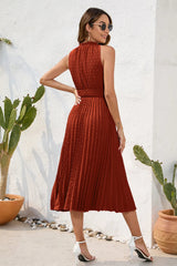 Swiss Dot Tie Neck Sleeveless Dress - V.I.P Digital Presence