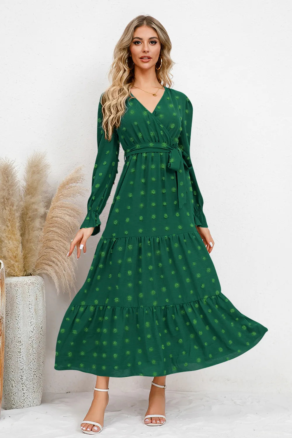 Swiss Dot Tied Surplice Flounce Sleeve Dress - V.I.P Digital Presence
