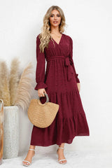 Swiss Dot Tied Surplice Flounce Sleeve Dress - V.I.P Digital Presence