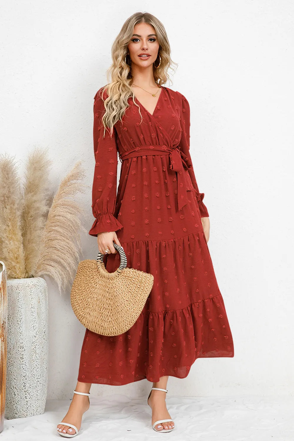 Swiss Dot Tied Surplice Flounce Sleeve Dress - V.I.P Digital Presence