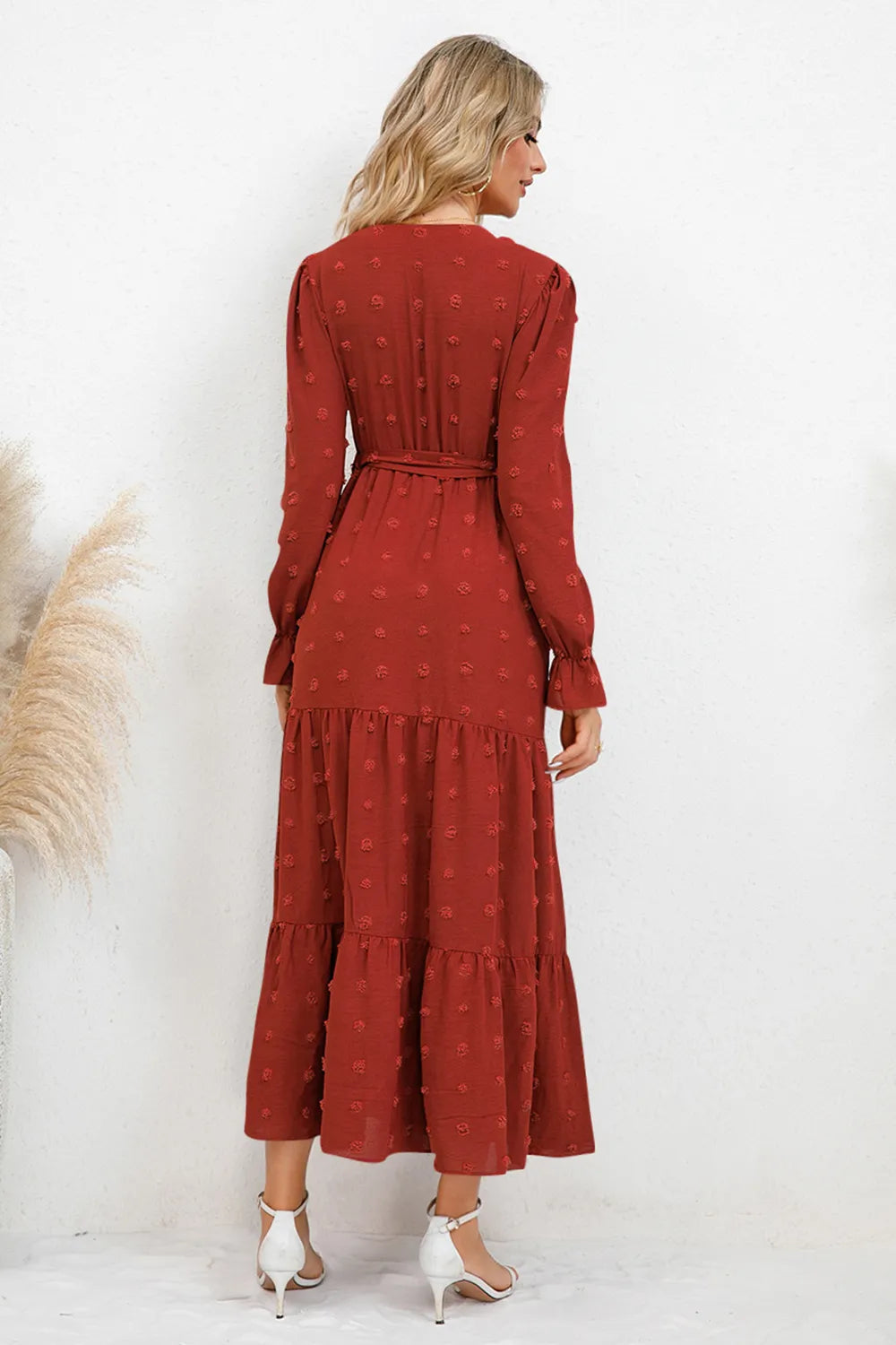 Swiss Dot Tied Surplice Flounce Sleeve Dress - V.I.P Digital Presence