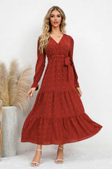 Swiss Dot Tied Surplice Flounce Sleeve Dress - V.I.P Digital Presence