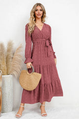 Swiss Dot Tied Surplice Flounce Sleeve Dress - V.I.P Digital Presence