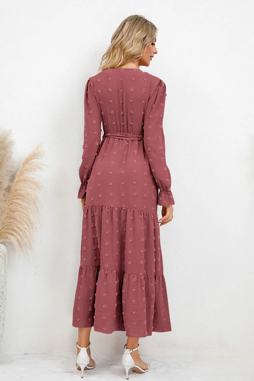 Swiss Dot Tied Surplice Flounce Sleeve Dress - V.I.P Digital Presence