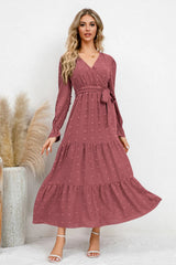 Swiss Dot Tied Surplice Flounce Sleeve Dress - V.I.P Digital Presence