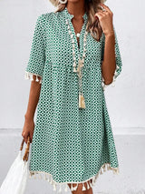 Tassel Printed Notched Half Sleeve Mini Dress - V.I.P Digital Presence