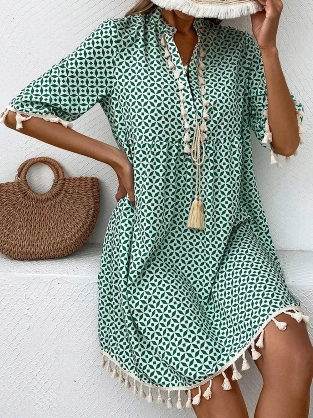 Tassel Printed Notched Half Sleeve Mini Dress - V.I.P Digital Presence