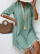 Tassel Printed Notched Half Sleeve Mini Dress - V.I.P Digital Presence