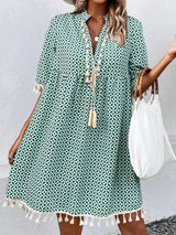 Tassel Printed Notched Half Sleeve Mini Dress - V.I.P Digital Presence