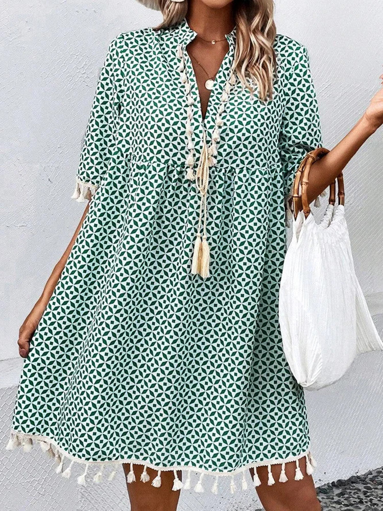 Tassel Printed Notched Half Sleeve Mini Dress - V.I.P Digital Presence