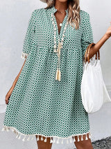 Tassel Printed Notched Half Sleeve Mini Dress - V.I.P Digital Presence