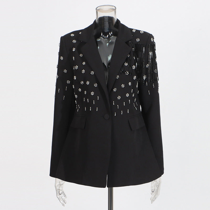 Temperament solid color small suit personality nail diamond tassel design suit jacket for women - V.I.P Digital Presence