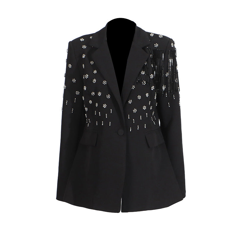Temperament solid color small suit personality nail diamond tassel design suit jacket for women - V.I.P Digital Presence