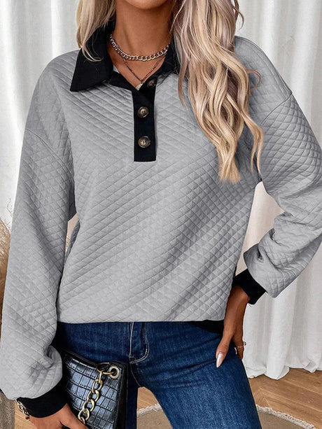 Texture Quarter Button Long Sleeve Sweatshirt - V.I.P Digital Presence
