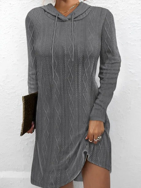 Textured Drawstring Long Sleeve Hooded Dress - V.I.P Digital Presence