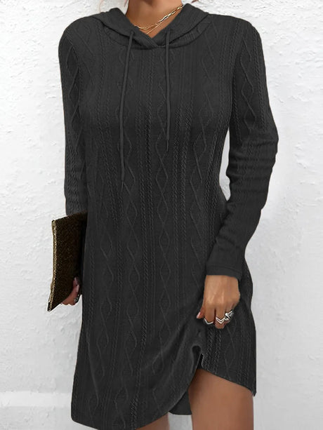 Textured Drawstring Long Sleeve Hooded Dress - V.I.P Digital Presence