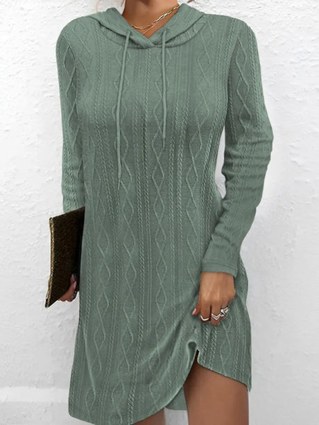 Textured Drawstring Long Sleeve Hooded Dress - V.I.P Digital Presence