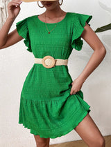 Textured Round Neck Ruffle Hem Dress - V.I.P Digital Presence