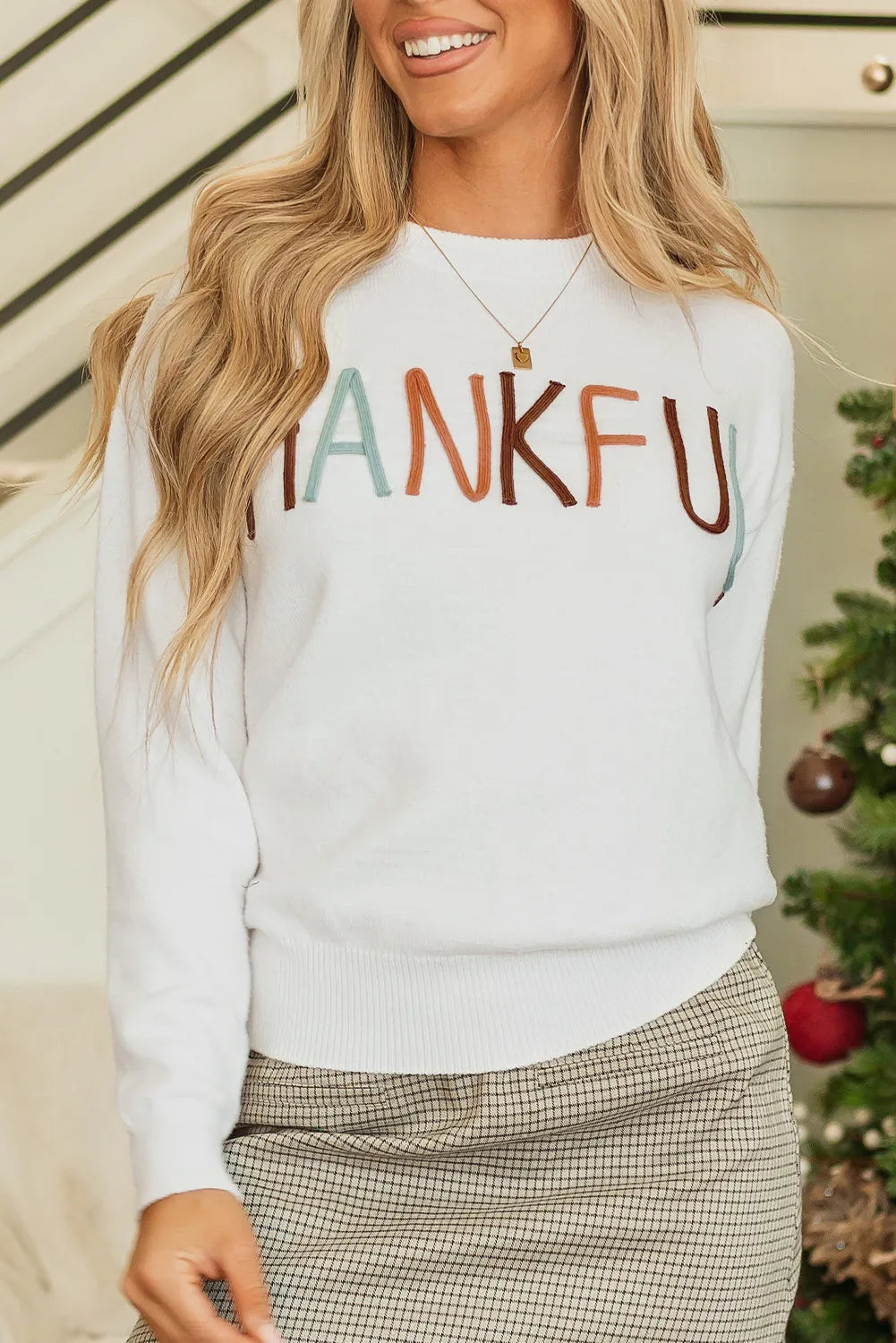 THANKFUL Round Neck Long Sleeve Knit Top - V.I.P Digital Presence