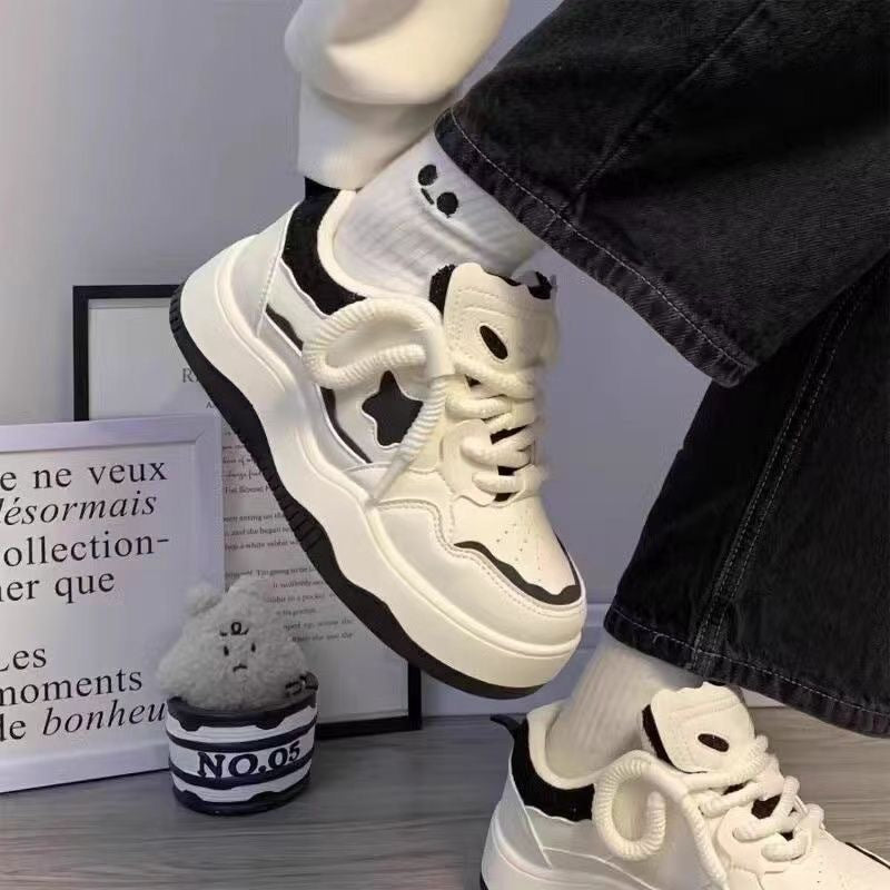Thick soled color blocked white shoes for women, casual lace up sports board shoes for women, Instagram trendy - V.I.P Digital Presence