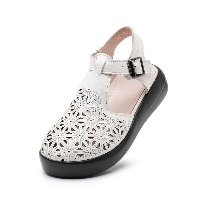 Thick soled toe sandals women's genuine leather sponge cake wedge heel hollowed out hole shoes flat bottomed women's shoes - V.I.P Digital Presence