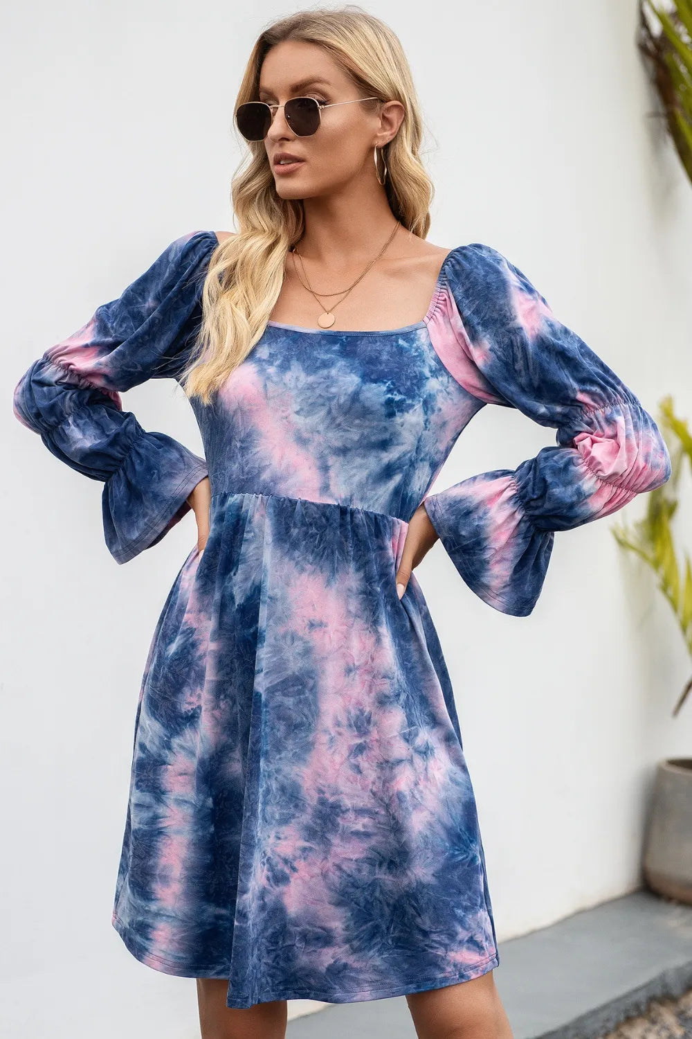 Tie-Dye Square Neck Flounce Sleeve Dress - V.I.P Digital Presence