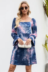Tie-Dye Square Neck Flounce Sleeve Dress - V.I.P Digital Presence