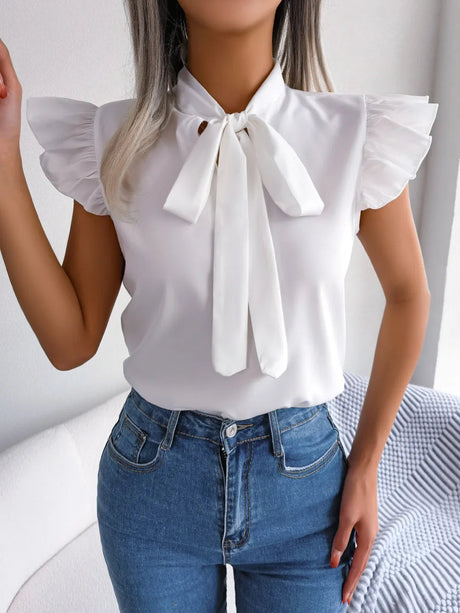 Tie  Neck Cap Sleeve Blouse - V.I.P Digital Presence