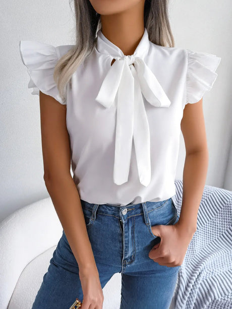 Tie  Neck Cap Sleeve Blouse - V.I.P Digital Presence