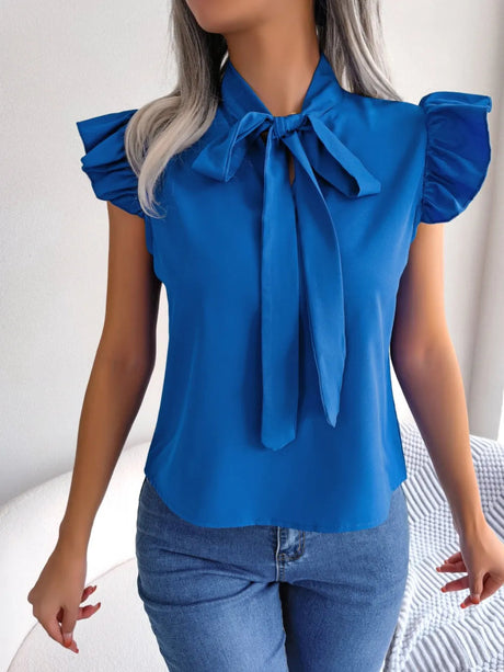 Tie  Neck Cap Sleeve Blouse - V.I.P Digital Presence