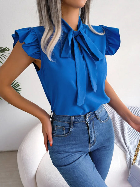 Tie  Neck Cap Sleeve Blouse - V.I.P Digital Presence